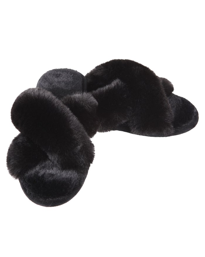 Black Beverly Fur Open Toe Plush Slippers - Hair With A Cause Oncology Boutique