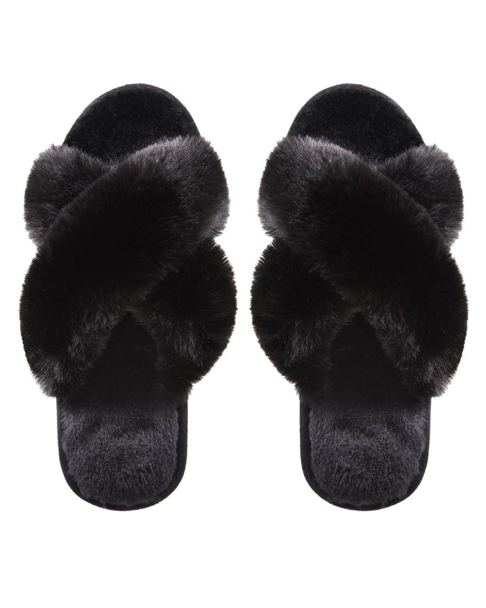 Black Beverly Fur Open Toe Plush Slippers - Hair With A Cause Oncology Boutique