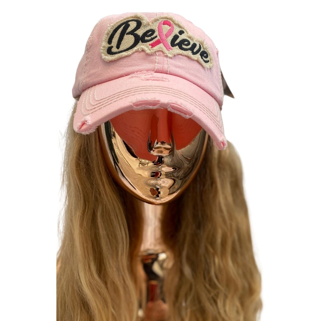 BELIEVE RIBBON WASHED VINTAGE BALLCAP-Multiple Colors Available - Hair With A Cause Oncology Boutique