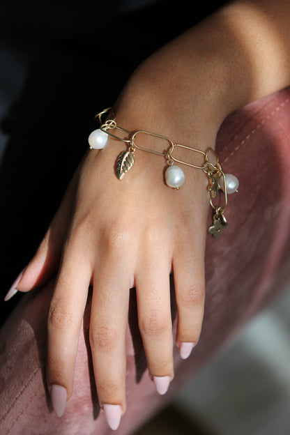 Gold Pearl Charm Bracelet