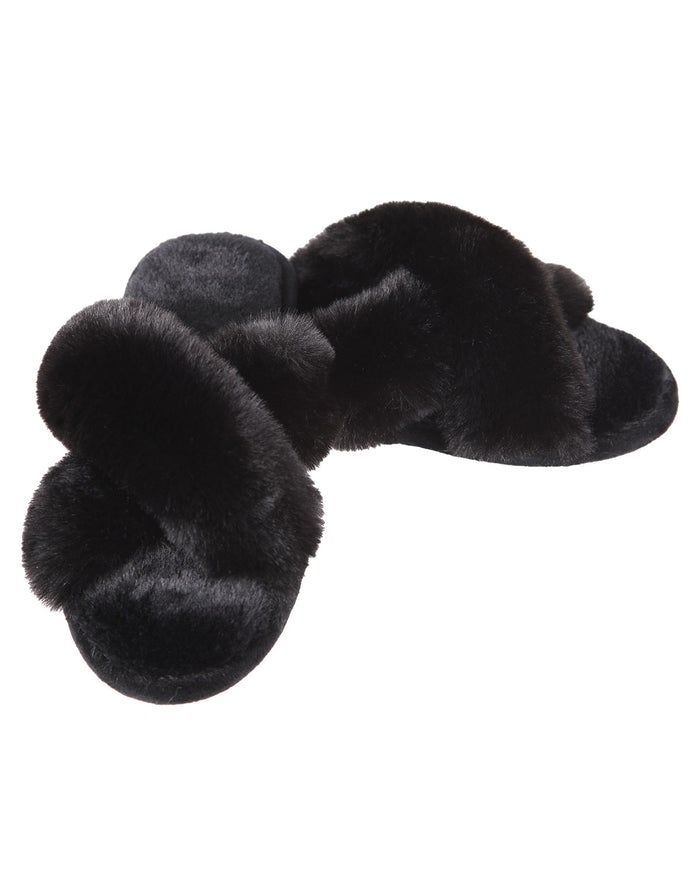 Black Beverly Fur Open Toe Plush Slippers - Hair With A Cause   Oncology Boutique     