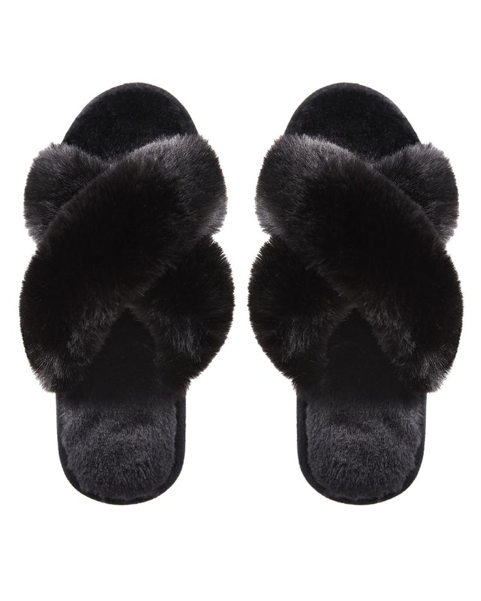 Black Beverly Fur Open Toe Plush Slippers - Hair With A Cause   Oncology Boutique     